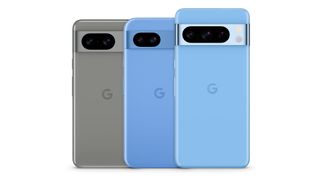 An official product render of the Google Pixel 8 family including the Pixel 8a, Pixel 8, and Pixel 8 Pro