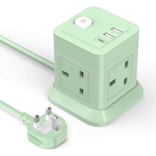 Cube Extension Lead With Usb Slots, Beva 4 Way Multi Plug Power Strip With 3 Usb Ports (5v/2.4a), Desktop Power Extension Socket With 1.5m Extension Cords for Home Dorm Office Travel-Green
