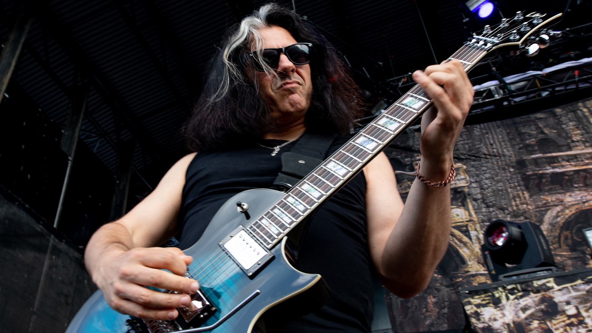 Alex Skolnick of Testament performs with Slayer on their final world tour Northwell Health at Jones Beach Theater on July 29, 2018 in Wantagh, New York.