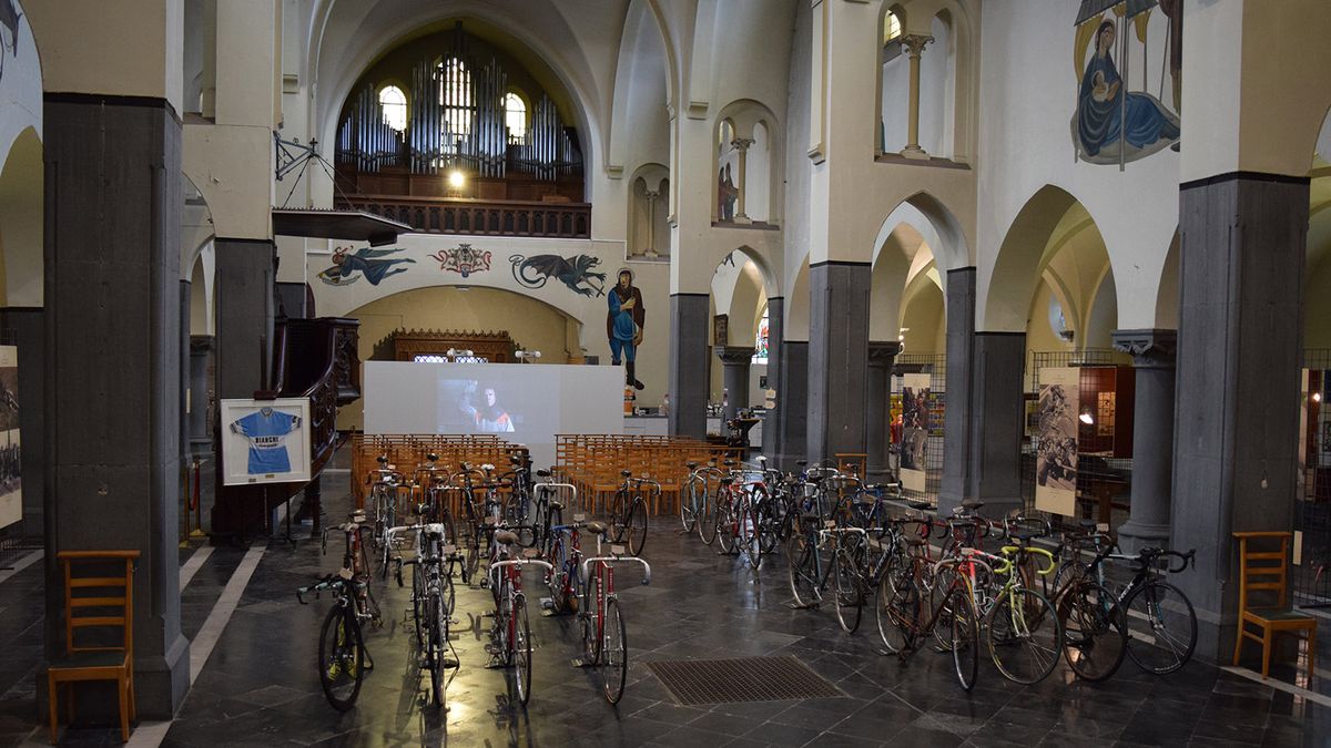 The church congregation is described as a 'peloton of cycling gods', which includes the bikes of pros from Sven Nys and Tom Boonen to Fausto Coppi and Jan Ullrich
