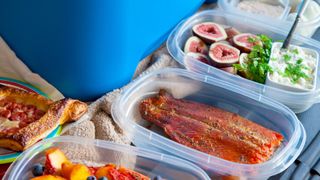 Prepared food in containers ready to go inside a cooler
