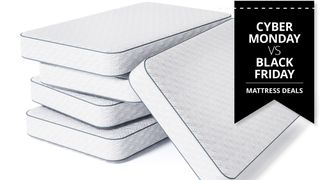 A stack of white mattresses on a white background with a black badge overlaid that says Black Friday vs Cyber Monday mattress deals
