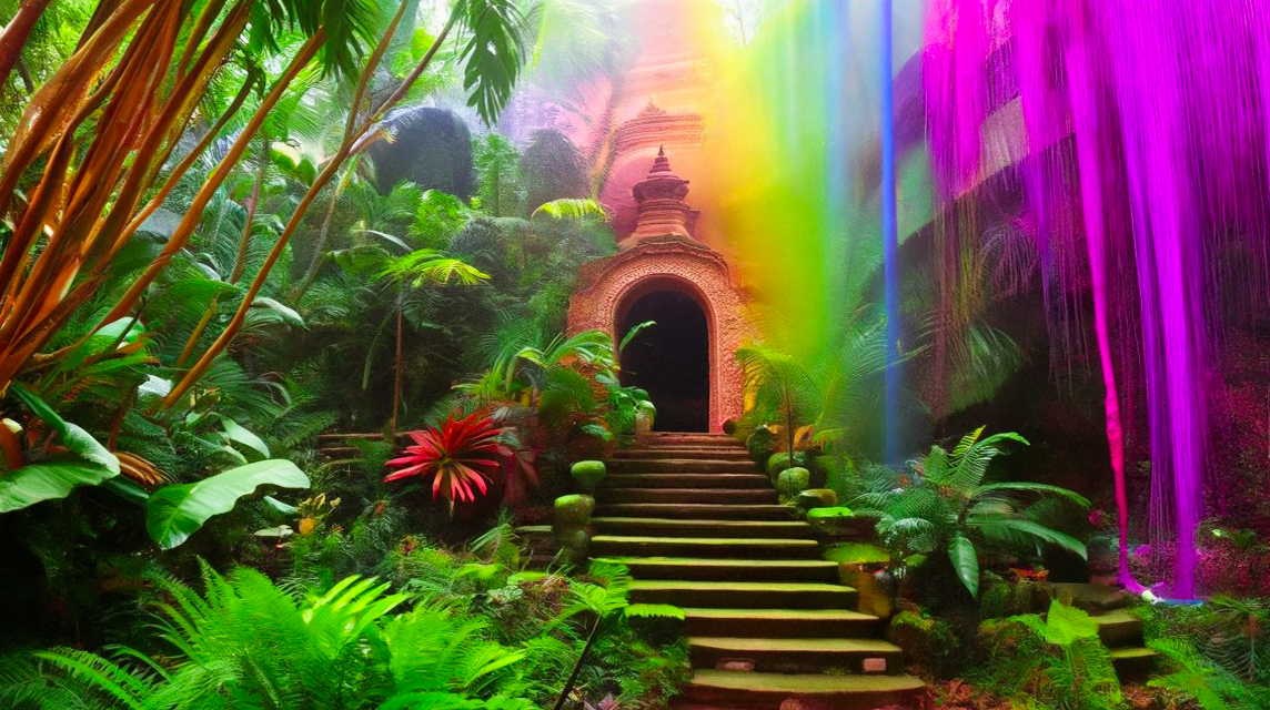 Amazon AI Art Hidden Temple in rainbow jungle