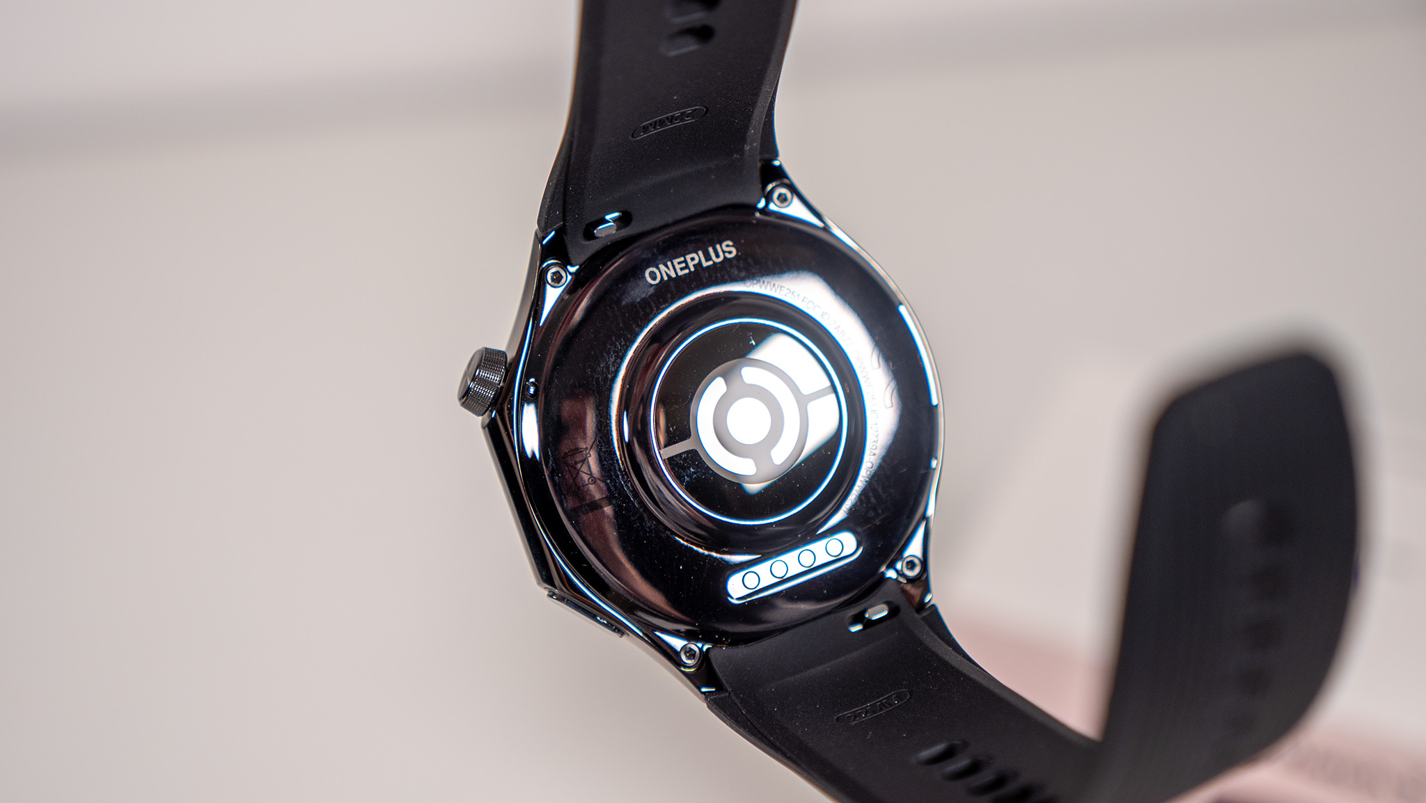 A close-up of the OnePlus Watch 3's underside