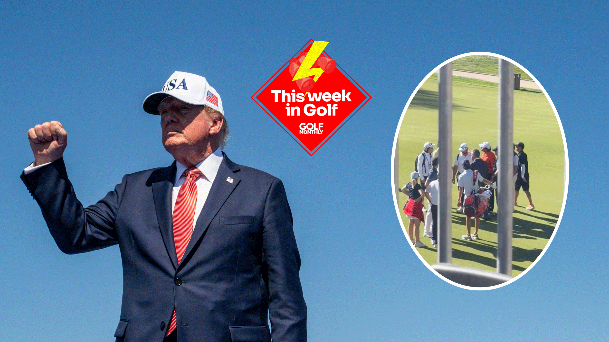 Main image of Donald Trump wearing a USA cap and raising his right fist with inset screenshot of Eugenio Chacarra's argument with an ex-caddie. This Week In Golf sticker (top middle)