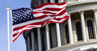 American flag in front of Capitol building.