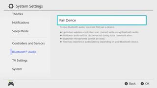 Nintendo Switch Bluetooth Audio menu