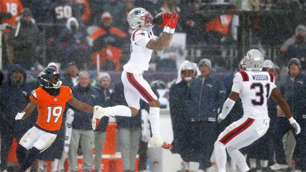 Christian Gonzalez of the New England Patriots intercepts a pass from Jarrett Stidham of the Denver Broncos during January&rsquo;s AFC Championship Game. 