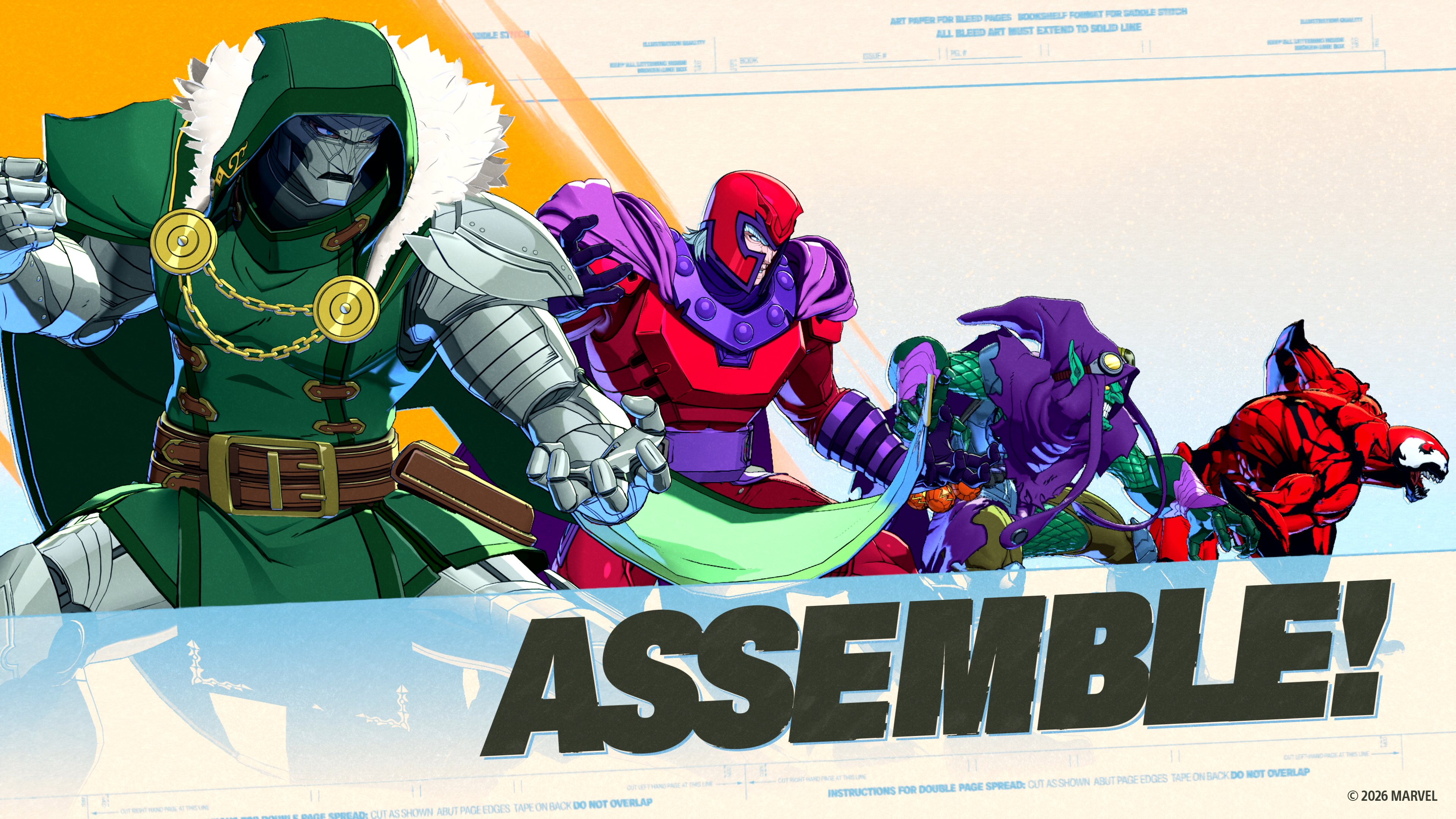 Marvel Tokon: Fighting Souls screenshot showing the Knights of Doom team (from left to right: Doctor Doom, Magneto, Green Goblin, Carnage) preparing to perform an 'Assemble!' super move