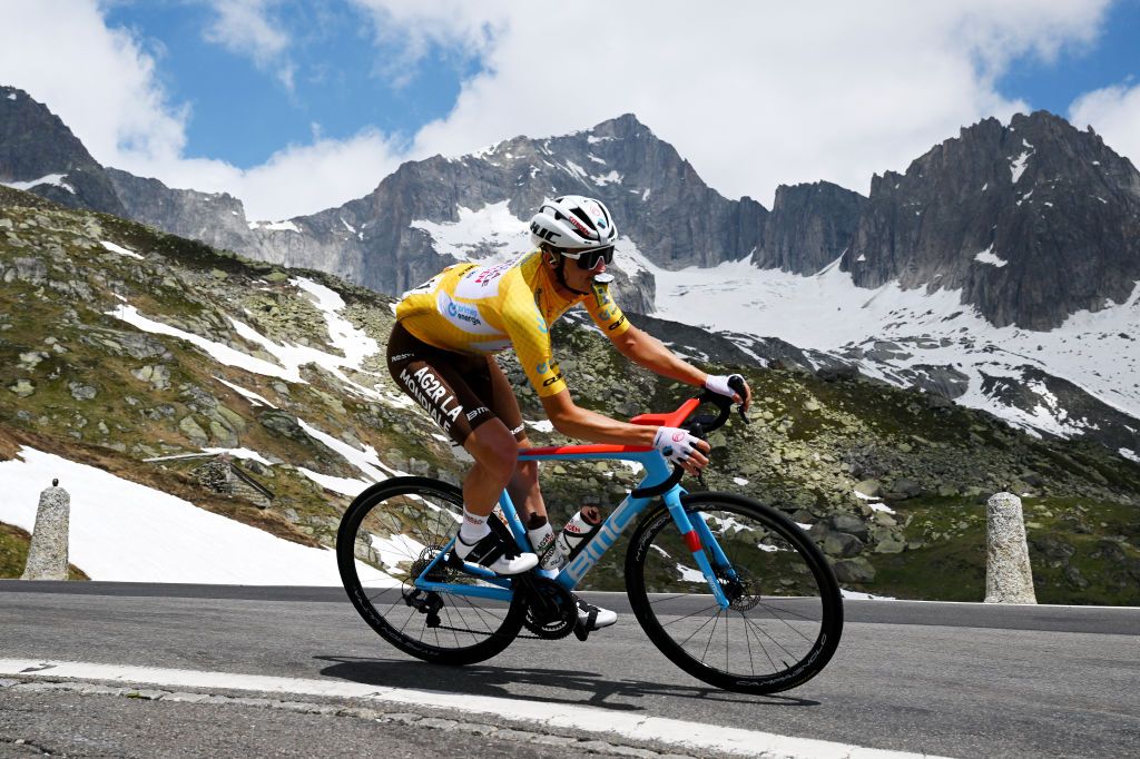 LA PUNT SWITZERLAND JUNE 15 Felix Gall of Austria and Ag2R Citron Team Yellow Leader Jersey competes during the 86th Tour de Suisse 2023 Stage 5 a 211km stage from Fiesch to La Punt 1696m UCIWT on June 15 2023 in La Punt Switzerland Photo by Dario BelingheriGetty Images