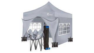 A grey pop-up gazebo with waterproof side panels