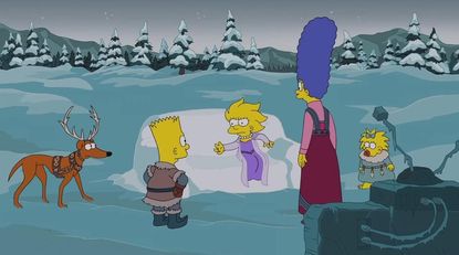 The Simpsons' Christmas opening credits include 'obligatory Frozen' gag