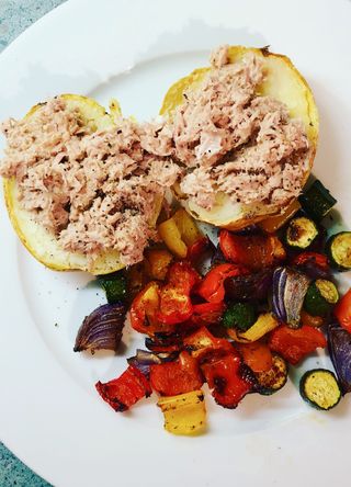 Jacket potato with tuna and roasted vegetables