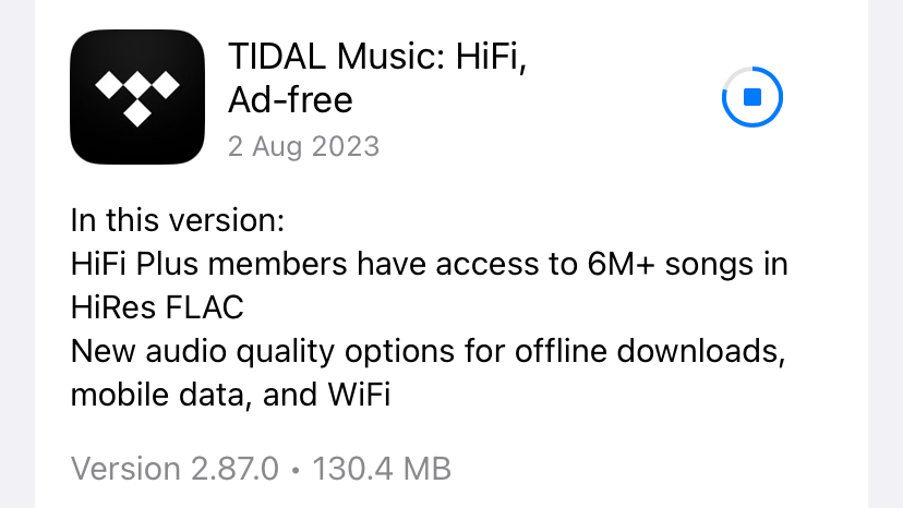 Tidal HiFi iOS app update, showing the introduction of 6m hi-res FLAC files