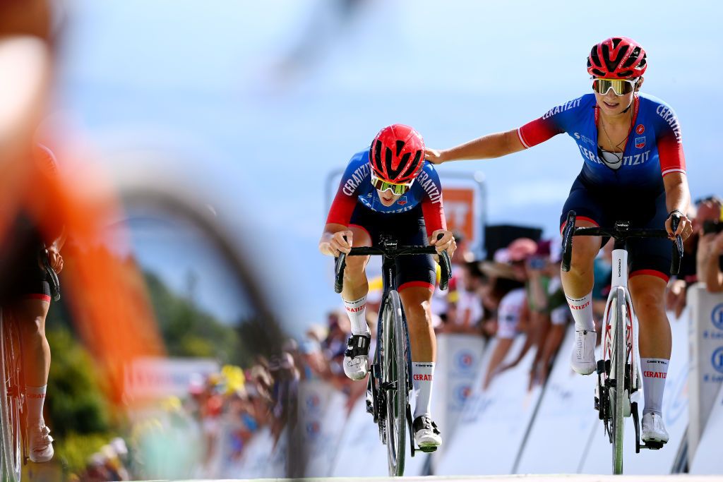 PLANCHE DES BELLES FILLES FRANCE JULY 31 LR Maria Giulia Confalonieri of Italy and Kathrin Schweinberger of Austria and Ceratizit Wnt Pro Cycling Team react after the 1st Tour de France Femmes 2022 Stage 8 a 1233km stage from Lure to La Super Planche des Belles Filles TDFF UCIWWT on July 31 2022 in Planche des Belles Filles France Photo by Tim de WaeleGetty Images
