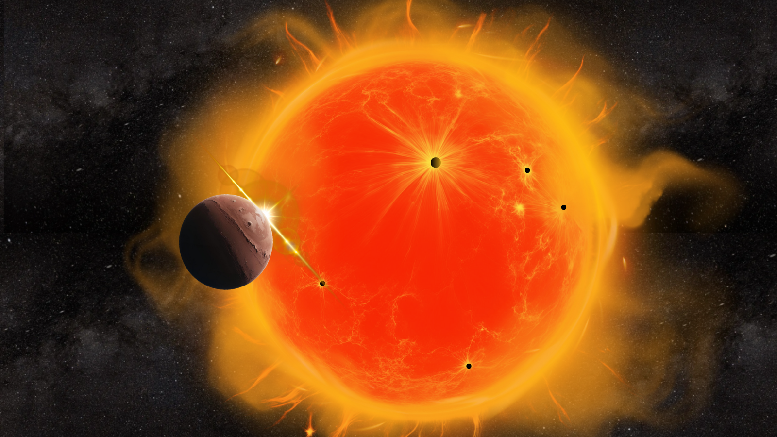 An illustration shows a exoplanet about to transit or cross the face of its parent star which is punctuated with "polka dot" stellar spots