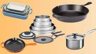 Alternatives to Le Creuset - STAUB dishes, a Lodge skillet, and the Ingenio pots above a Le Creuset skillet and pan