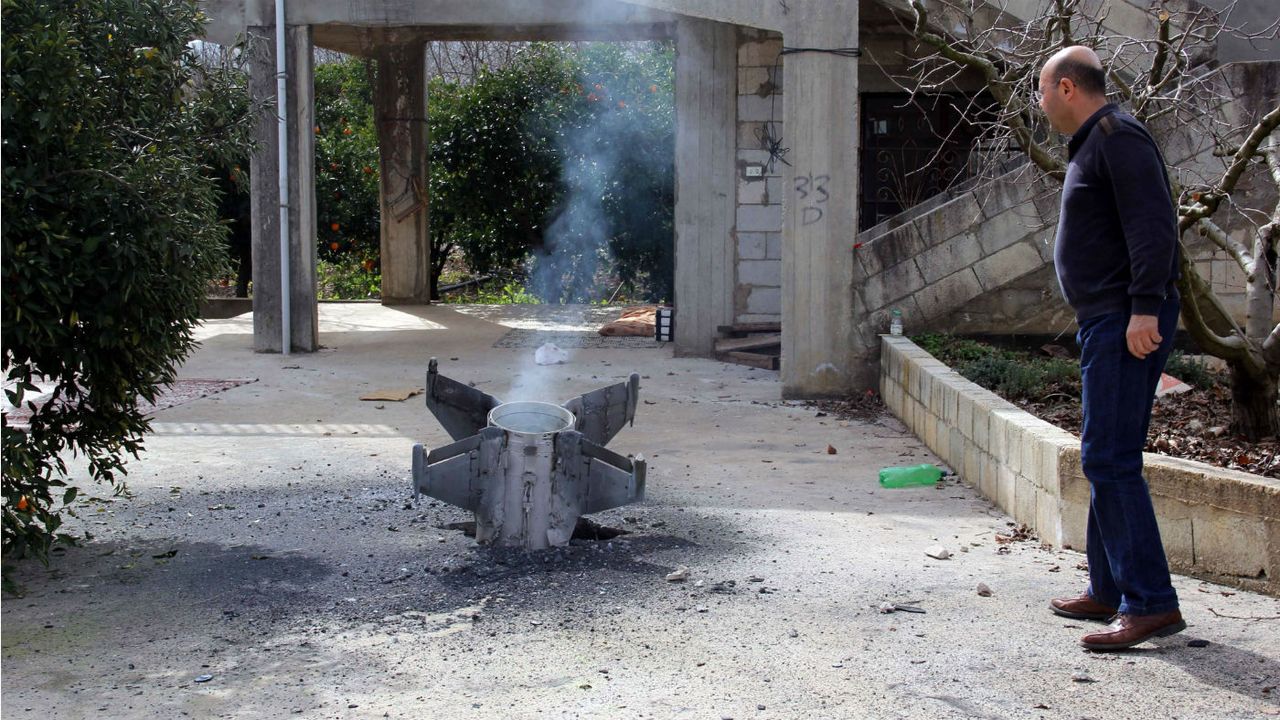 The remains of a missile that landed near the Syrian border after Israel&amp;#039;s air strike 