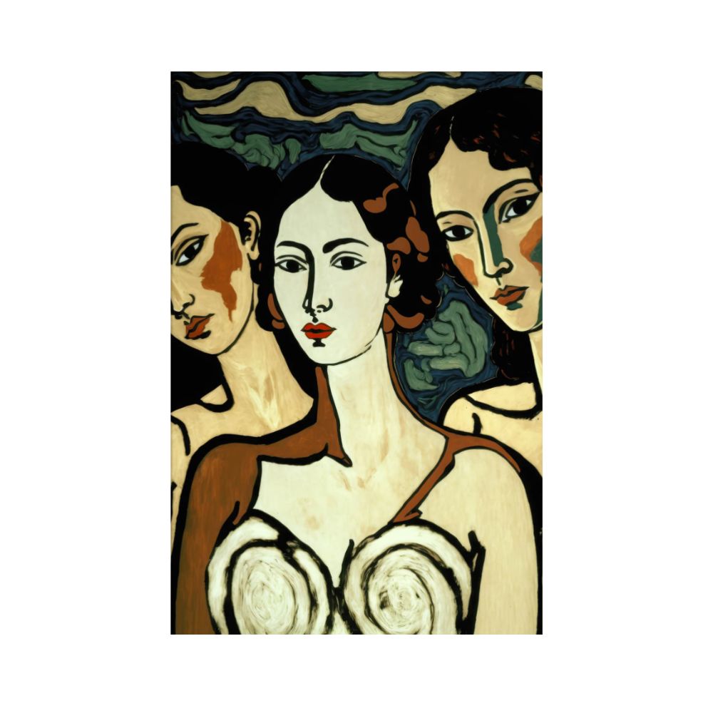 Art print of three women in green and brown tones