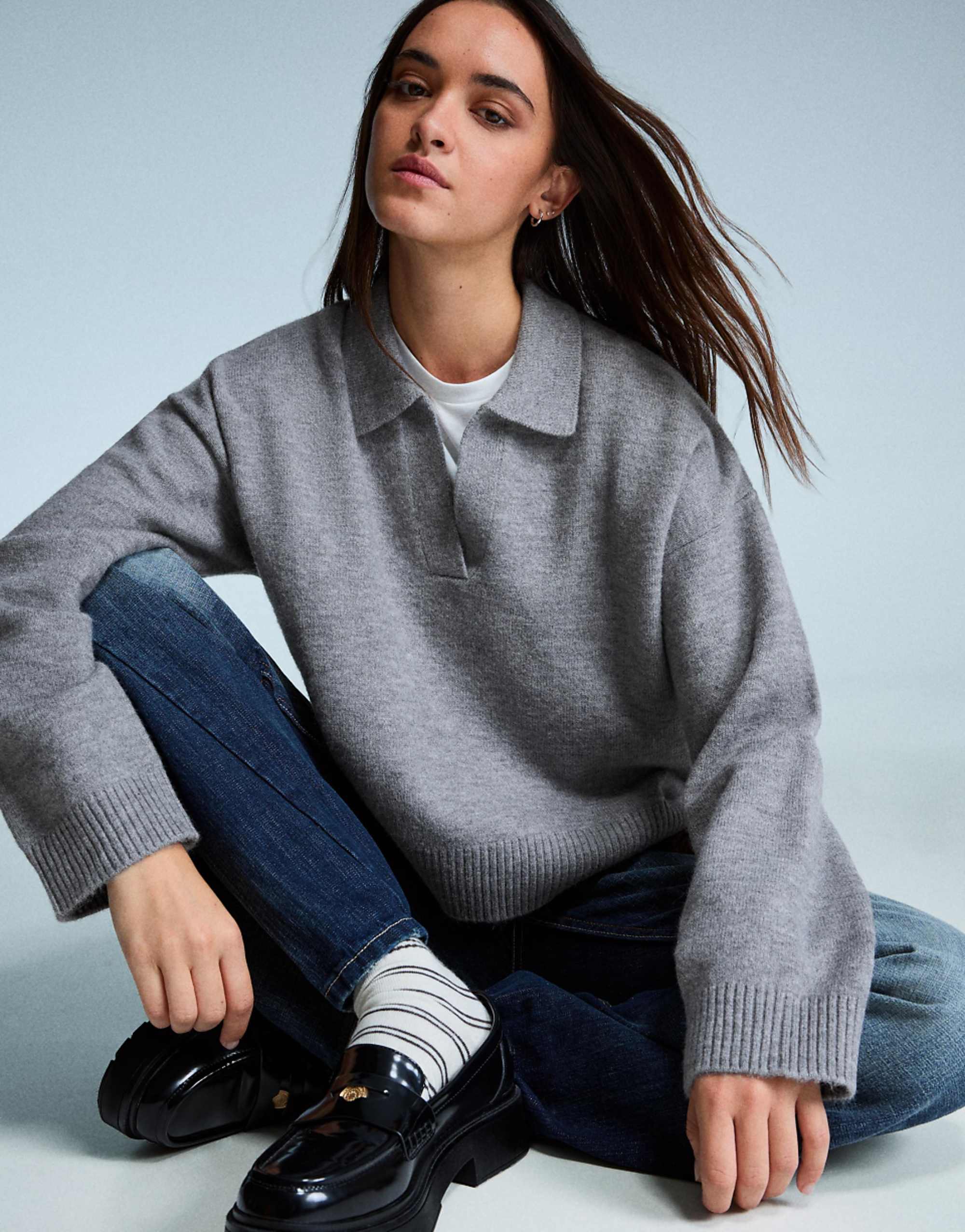 Bershka Polo Collar Sweater in Grey