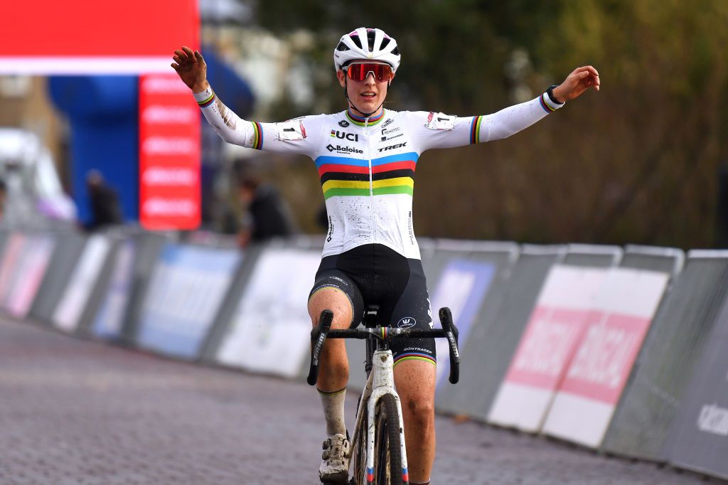 HULST NETHERLANDS JANUARY 02 Lucinda Brand of The Netherlands and Team Baloise Trek Lions celebrates at finish line as race winner during the 6th Hulst Vestingcross UCI CycloCross Worldcup 2022 Womens Elite CXWorldCup UCIcyclocrossWC on January 02 2022 in Hulst Netherlands Photo by Luc ClaessenGetty Images