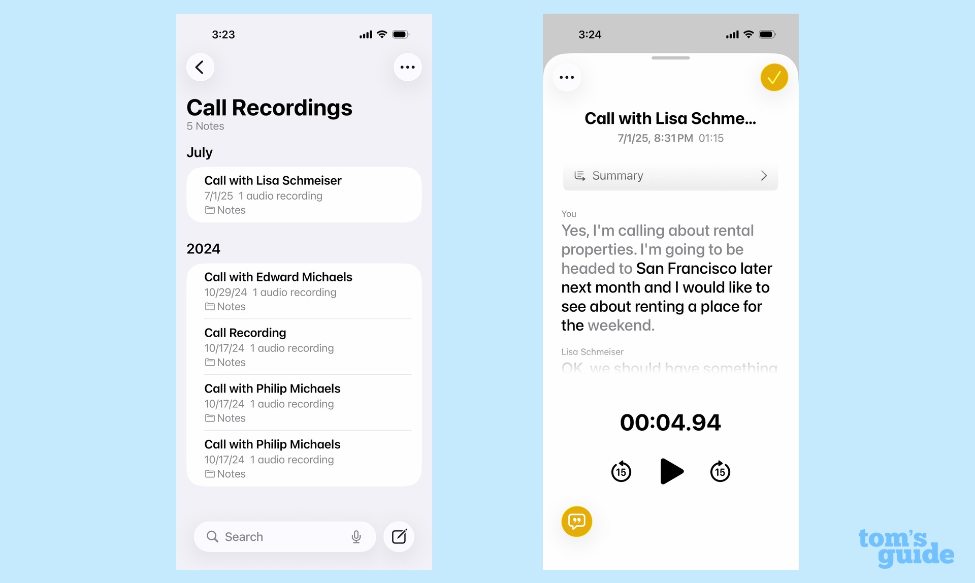 call recordings and transcripts stored in Notes app