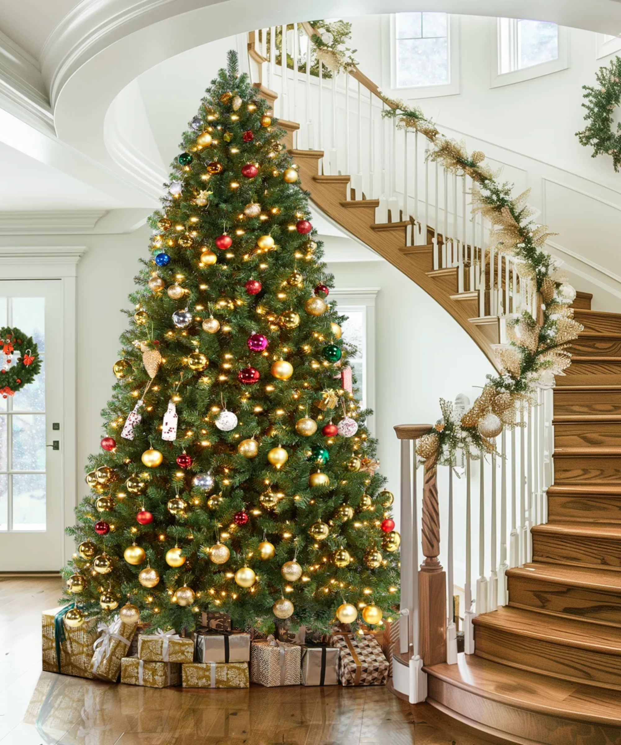 Classic 9' Christmas tree styled with multi-colored ornaments, white lights, and presents at the base of a grand spiral wooden staircase