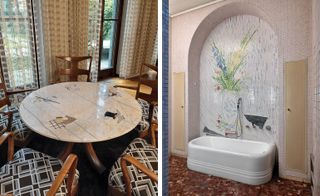 Two side-by-side photos of a marble table by Marcello Piccardo, walnut chairs by Osvaldo Borsani and a bathroom with mosaic by Adriano Spilimbergo
