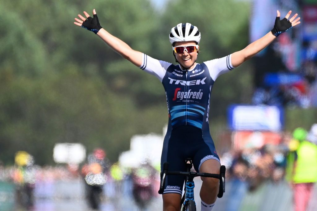 Frances Audrey CordonRagot of TrekSegafredo celebrates as she crosses the finish line to win the womens Elite French Road Cycling Championships 2020 between GrandChamp and GrandChamp western France on August 22 2020 Photo by Damien MEYER AFP Photo by DAMIEN MEYERAFP via Getty Images