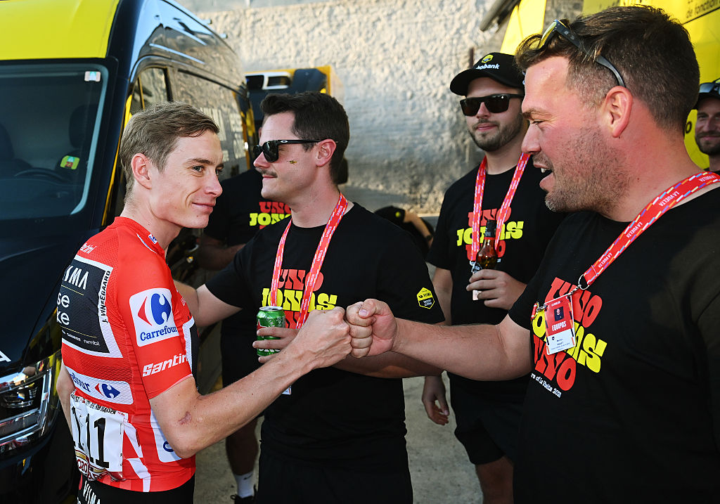 MADRID, SPAIN - SEPTEMBER 14: Jonas Vingegaard of Denmark and Team Visma | Lease a Bike - Red Leader Jersey with his staff after the La Vuelta - 80th Tour of Spain 2025, Stage 21 a 108km stage from Alalpardo to Madrid / The race is neutralised due to disturbances in central Madrid caused by pro-Palestinian protests / #UCIWT / on September 14, 2025 in Madrid, Spain. (Photo by Dario Belingheri/Getty Images)