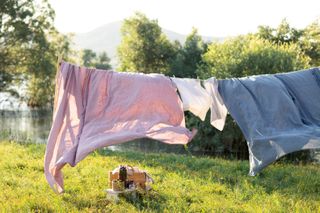 Pink and blue bed sheets billowing in the wind, pegged onto a washing line in a green field, with a picnic basket in the grass below them.