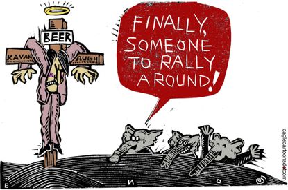 Political cartoon U.S. GOP Brett Kavanaugh beer cross Supreme Court hearings