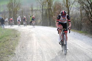 Pogacar soloing to an incredible Strade Bianche victory in March