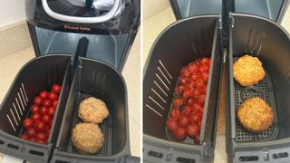 Russell Hobbs Satisfry Snappi cooking fishcakes and tomatoes