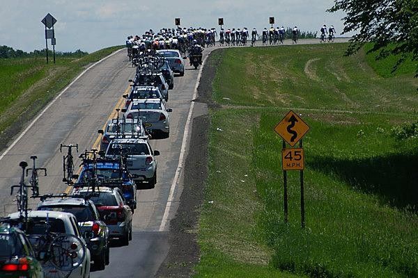 The view from the rear of the caravan during the women's stage five.