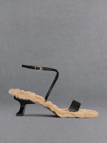 Leather Fur-Lined Ankle-Strap Heeled Sandals