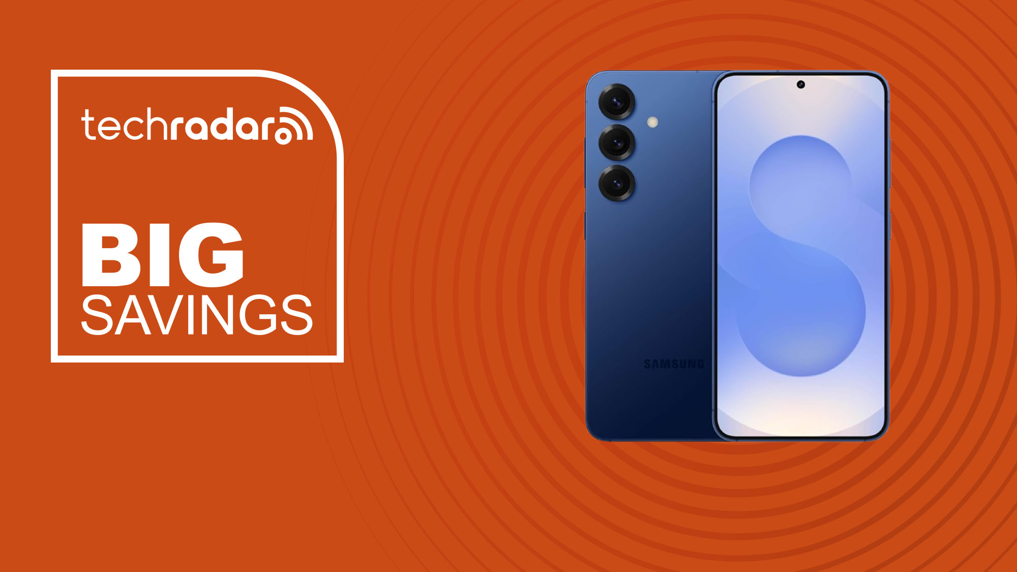 The Samsung Galaxy S25 on an orange background with text saying Big Savings.