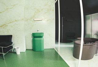 Green basin and stand, couch, green tiles