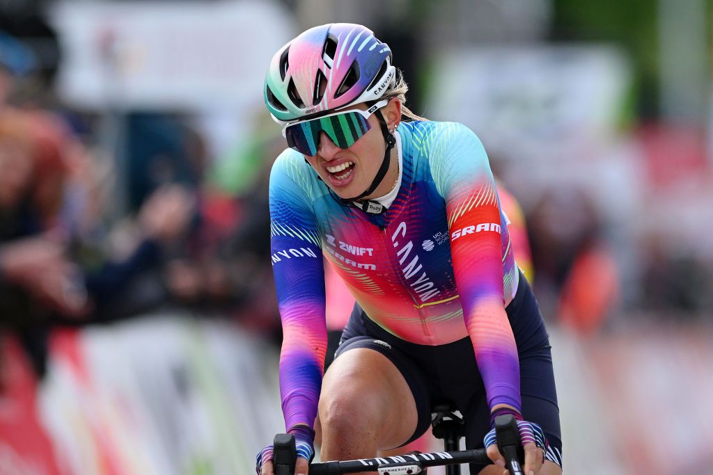 LIEGE BELGIUM APRIL 24 Katarzyna Niewiadoma of Poland and Team CanyonSRAM Racing crosses the finish line during the 8th Liege Bastogne Liege Femmes 2024 a 1529km one day race from Bastogne to Liege UCIWWT on April 24 2024 in Liege Belgium Photo by Dario BelingheriGetty Images