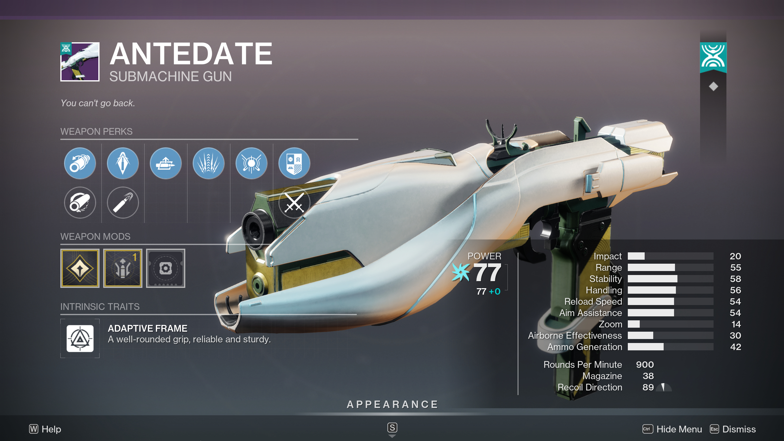 Destiny 2 The Desert Perpetual raid loot table: The Antedate SMG in the inspection menu, showing its perks and stats.