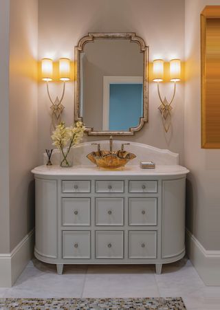 powder room with brown glass sink by JF Gardemal Designs