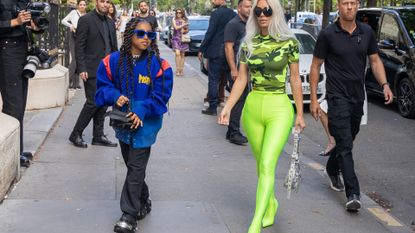 Kim Kardashian and North West are seen during the Paris Fashion Week *on July 05, 2022 in Paris, France. 