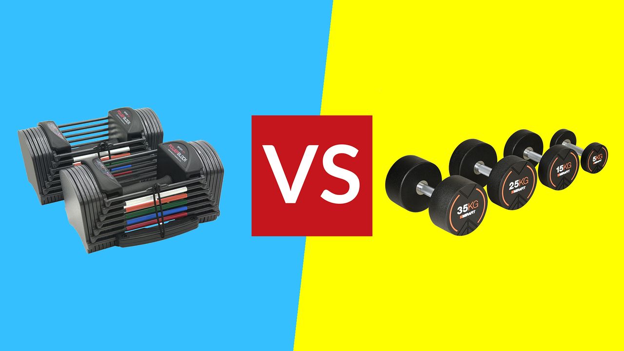 Adjustable dumbbells vs fixed dumbbells: Pictured here, adjustable dumbbells on blue background (left), fixed dumbbells on yellow background (right)