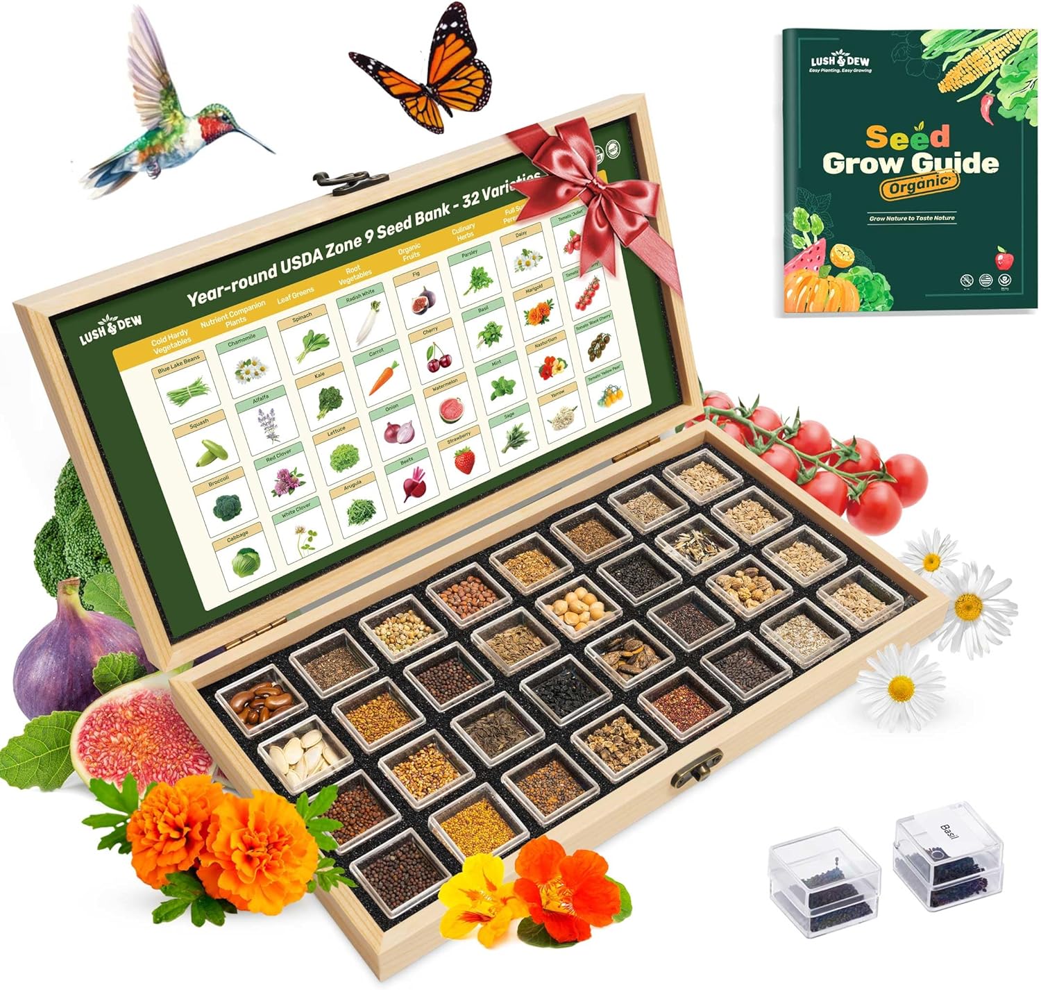 Lush&amp;amp;dew Year-Round Usda Zone 9 Seed Bank, Gift for Mom Dad, 32 Varieties Non-Gmo Heirloom Seeds of Vegetables Herbs, Gardening Gifts for Women Men, Survival Seed Kit for Raised Garden Bed Greenhouse