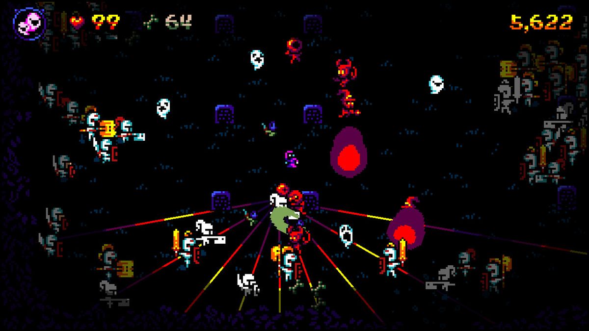 boneraiser minions overhead gameplay with lasers emanating from one character