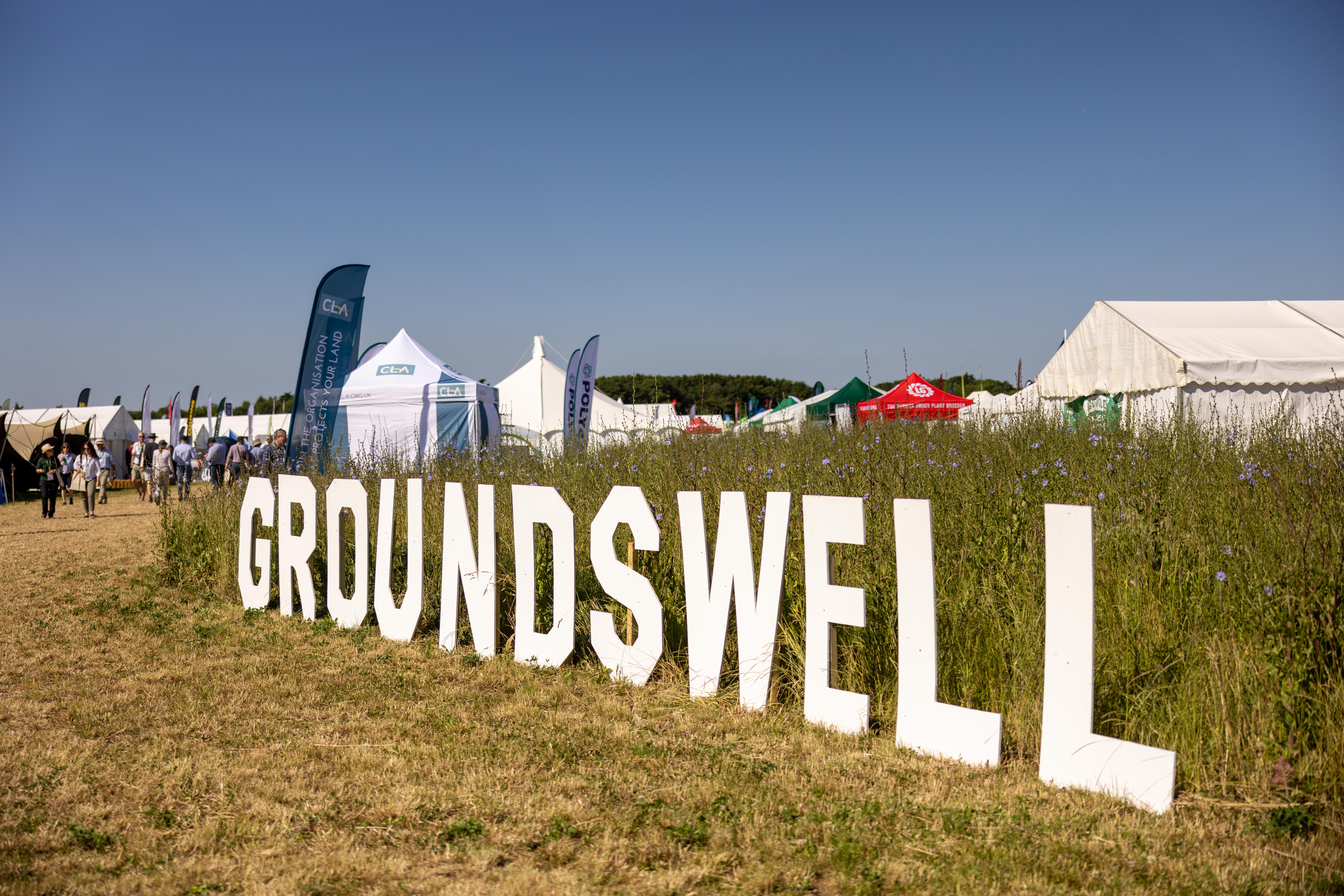 A view of the Groundswell sign, which looks a bit like the Hollywood sign