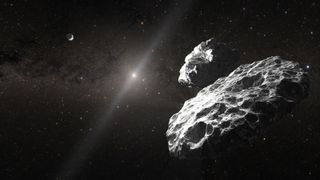 An artist's interpretation of two asteroids bein gorbited by a third space rock in the 3-body system