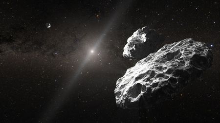 An artist's interpretation of two asteroids bein gorbited by a third space rock in the 3-body system