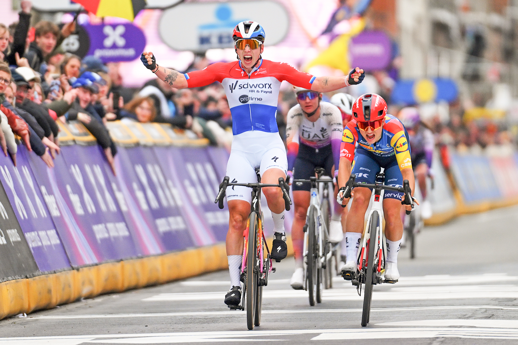 Dutch champion Lorena Wiebes (SD Worx-Protime) pumps her fists in celebration after winning the sprint at In Flanders Fields 2026
