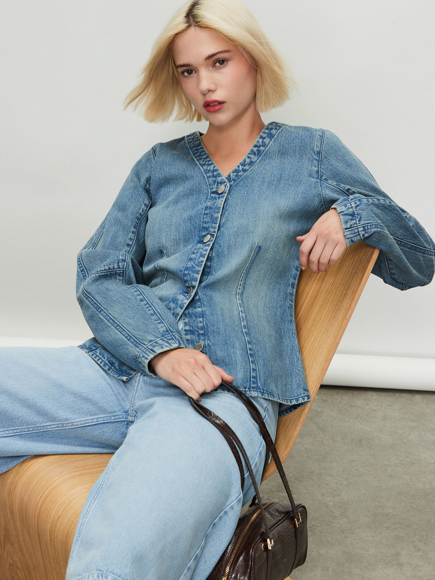 Mid Blue Denim V-Neck Barrel Sleeve Blouse